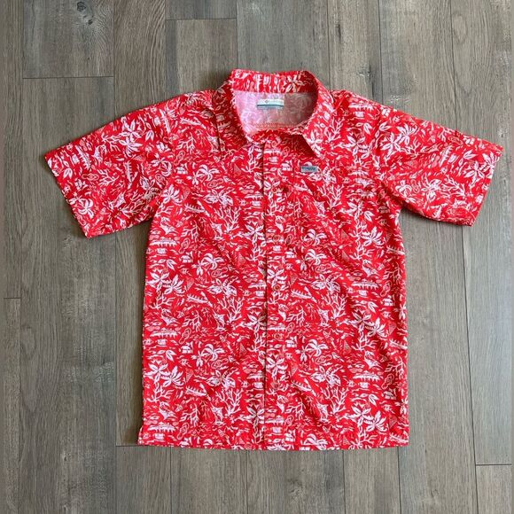 COLUMBIA Red and White PFG Short Sleeve UPF 40 Button Down Shirt Size Large - Picture 1 of 7